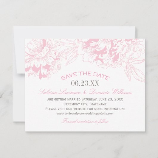 Elegante Floral Peony bruiloft roze grijs Save The Date (Voorkant)
