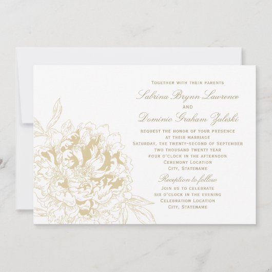 Elegante Floral Pioen Bruiloft Champagne Goud Kaart (Voorkant)