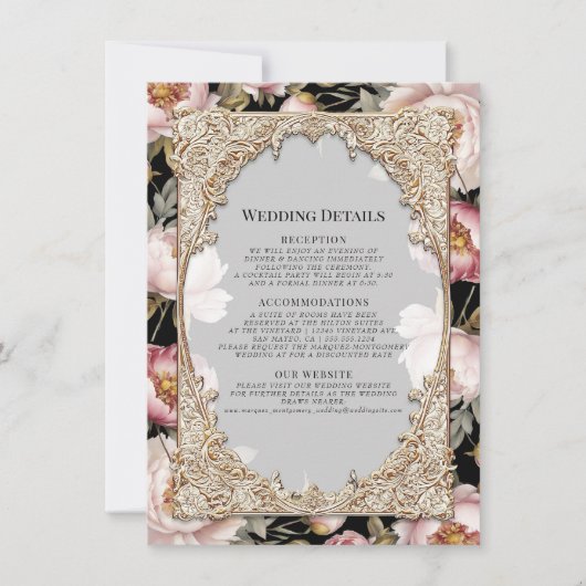 Elegante Floral Pioen Goud Roze en Zwart Details Kaart (Voorkant)