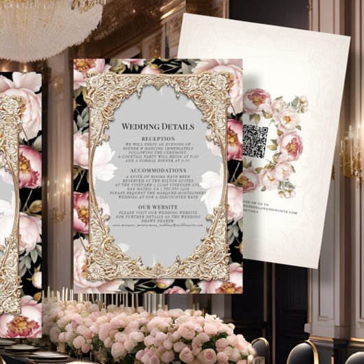 Elegante Floral Pioen Goud Roze en Zwart Details Kaart