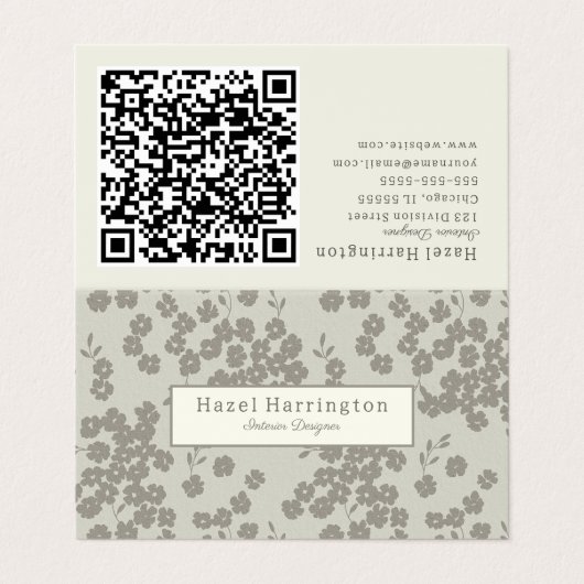 Elegante Floral QR Code Gevouwen Visitekaartjes (Buitenkant ongevouwen)