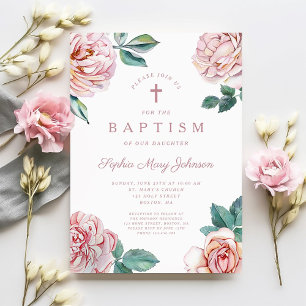 Elegante Floral Religious Cross Girl Doop Kaart