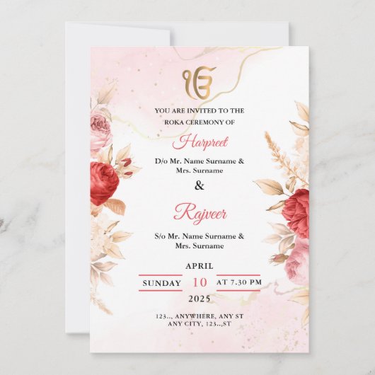 Elegante Floral Roka Ceremony Invitation Kaart (Voorkant)