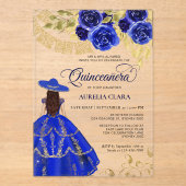 Elegante Floral Royal Blue Mexicaanse Quinceañera Acryl Uitnodigingen (Voorkant)