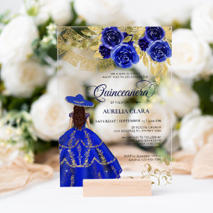 Elegante Floral Royal Blue Mexicaanse Quinceañera Acryl Uitnodigingen