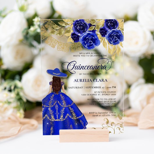 Elegante Floral Royal Blue Mexicaanse Quinceañera Acryl Uitnodigingen