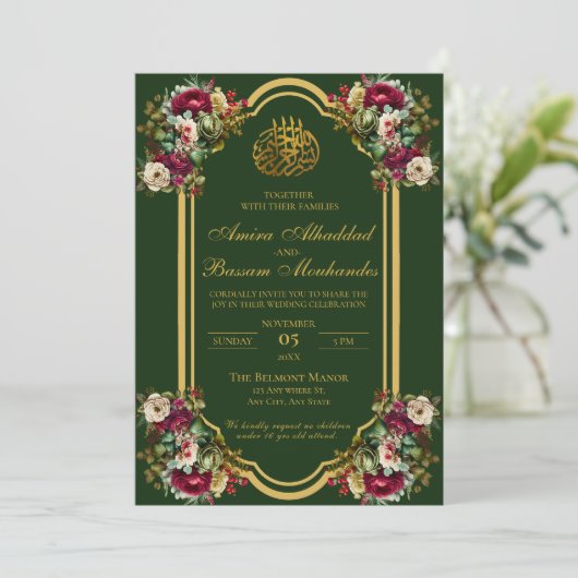 Elegante Floral Rozen Islamitische bruiloft Kaart (Staand voorkant)