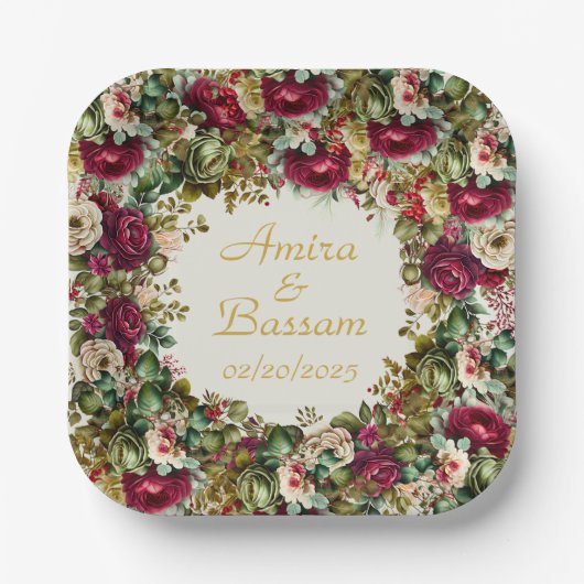 Elegante Floral Rozen Islamitische bruiloft Papieren Bordje (Voorkant)
