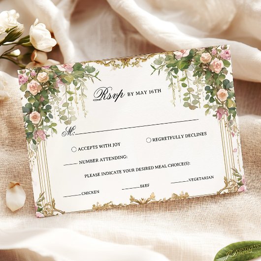 Elegante Floral RSVP-kaart met  gouden Lijst RSVP Kaartje