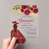 Elegante Floral Ruby Red Charra Quinceañera Acryl Uitnodigingen (Insitu (Draagbaar))
