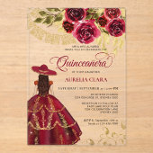 Elegante Floral Ruby Red Charra Quinceañera Acryl Uitnodigingen (Voorkant)