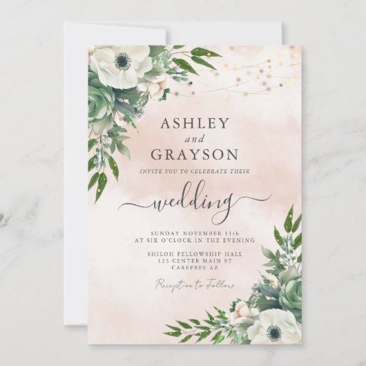 Elegante Floral Sage Green Blush Wedding Kaart (Voorkant)