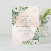 Elegante Floral Sage Green Blush Wedding Kaart (Staand voorkant)