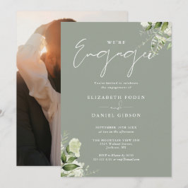Elegante Floral Sage Green Photo Engagement Party Kaart