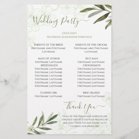 Elegante Floral Sage Green Wedding Ceremony Progra (Achterkant)