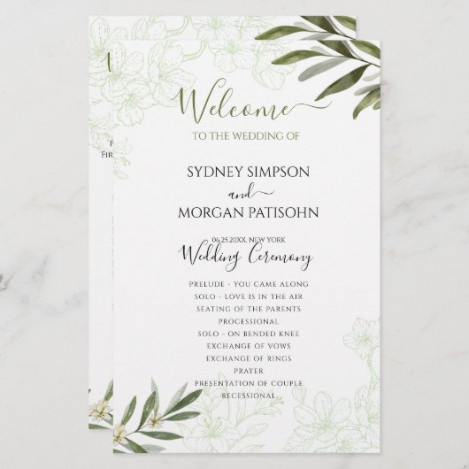 Elegante Floral Sage Green Wedding Ceremony Progra (Voorkant / Achterkant)