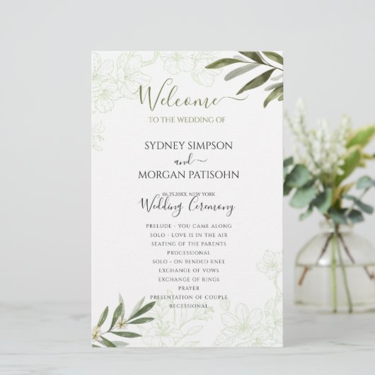 Elegante Floral Sage Green Wedding Ceremony Progra (Staand voorkant)