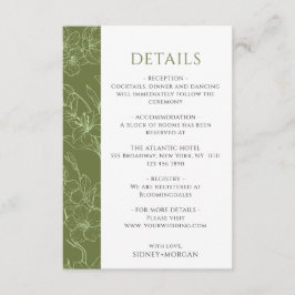 Elegante Floral Sage Green Wedding Details Informatiekaartje