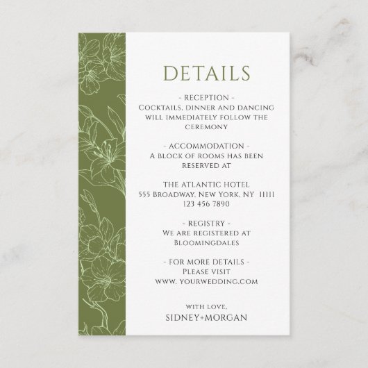 Elegante Floral Sage Green Wedding Details Informatiekaartje (Voorkant)