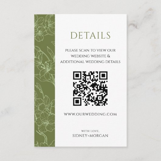 Elegante Floral Sage Green Wedding QR code Details Informatiekaartje (Voorkant)