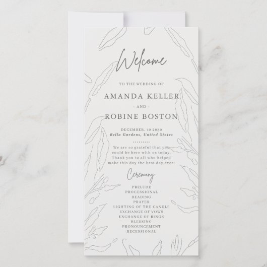 Elegante Floral Sketch Wedding Program (Voorkant)