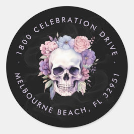 Elegante Floral & Skull Gothic Retouradres Ronde Sticker