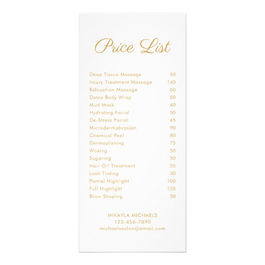 Elegante Floral Spa en Salon prijslijst Reclamekaart (Achterkant)
