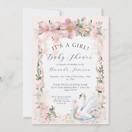 Elegante Floral Swan Blush Pink Ribbon Baby shower Kaart (Voorkant)