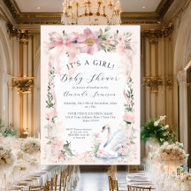 Elegante Floral Swan Blush Pink Ribbon Baby shower