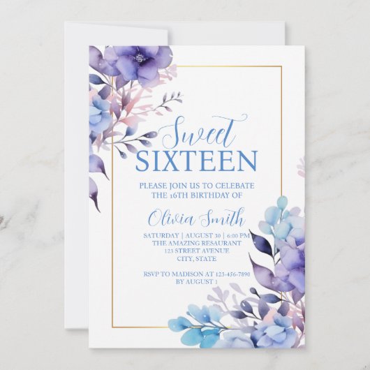 Elegante Floral Sweet Sixteen Uitnodiging (Voorkant)