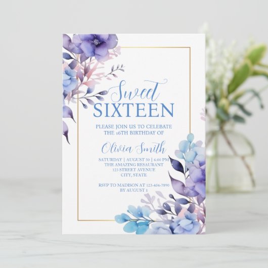 Elegante Floral Sweet Sixteen Uitnodiging (Staand voorkant)