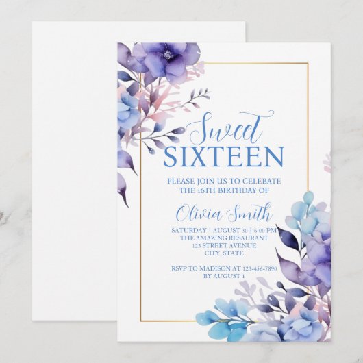 Elegante Floral Sweet Sixteen Uitnodiging (Voorkant / Achterkant)