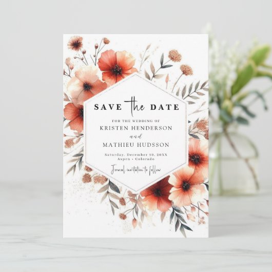 Elegante Floral Terracotta bruiloft Save The Date (Staand voorkant)
