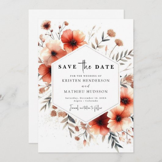 Elegante Floral Terracotta bruiloft Save The Date (Voorkant / Achterkant)