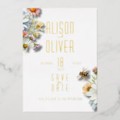 Elegante Floral Waterverf Bee Gold Folie Folie Uitnodiging (Voorkant)