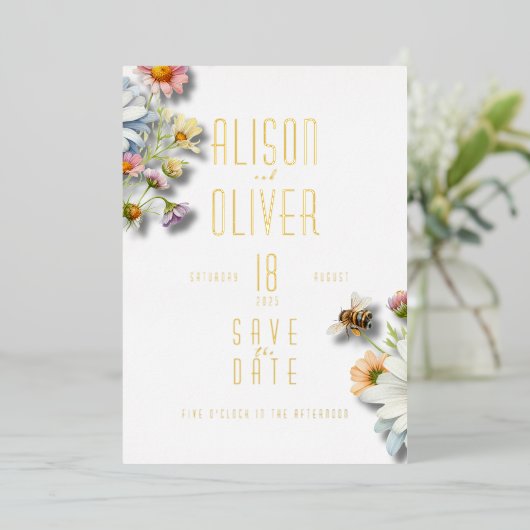 Elegante Floral Waterverf Bee Gold Folie Folie Uitnodiging (Staand Voorkant)