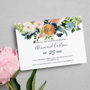 Elegante floral waterverf monogram koppel douche kaart