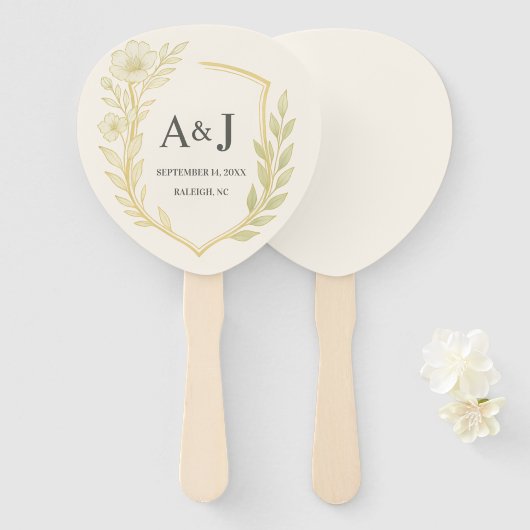 Elegante Floral Wedding Crest Monogram Ivoor Handwaaier (Voorkant en achterkant)