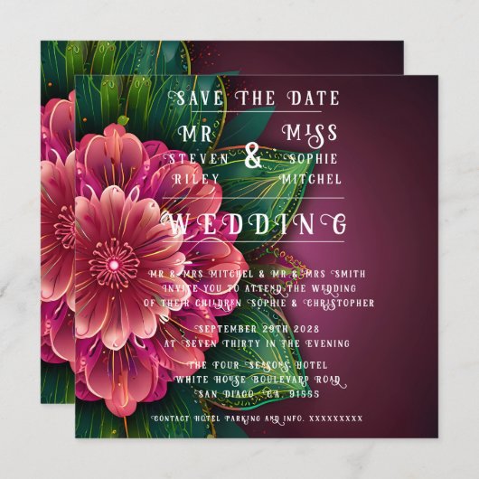 Elegante Floral Wedding Invitation Suite Save The Date (Voorkant / Achterkant)