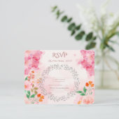 Elegante Floral Wedding RSVP Kaart | Roze Waterver (Staand voorkant)