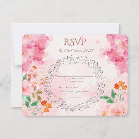 Elegante Floral Wedding RSVP Kaart | Roze Waterver (Voorkant)