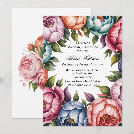 Elegante Floral Wreath bruiloft Kaart (Voorkant / Achterkant)