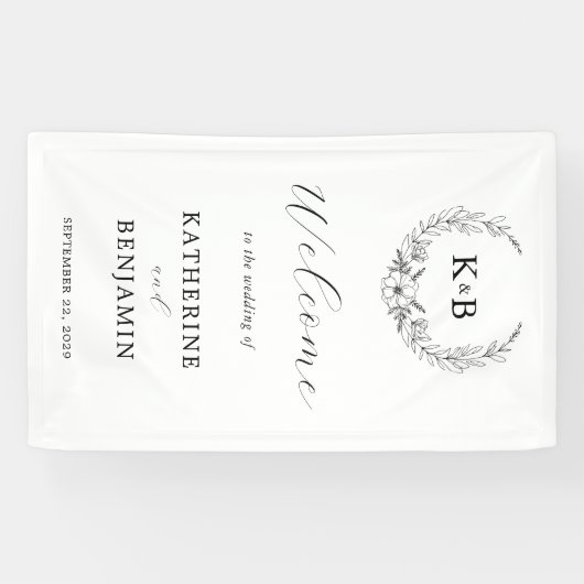 Elegante Floral Wreath Monogram Bruiloft Welkom Spandoek (Horizontaal)