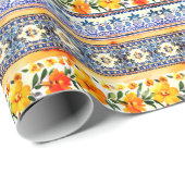 Elegante florale blauwe gele strepen cadeaupapier (Rol Hoek)