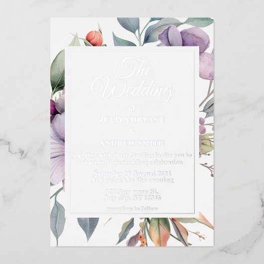 Elegante florale botanische bruiloft folie uitnodiging (Voorkant)