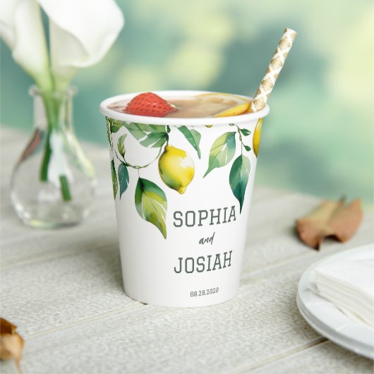 Elegante florale geel limoen wit blauw bruiloft papieren bekers (Insitu)