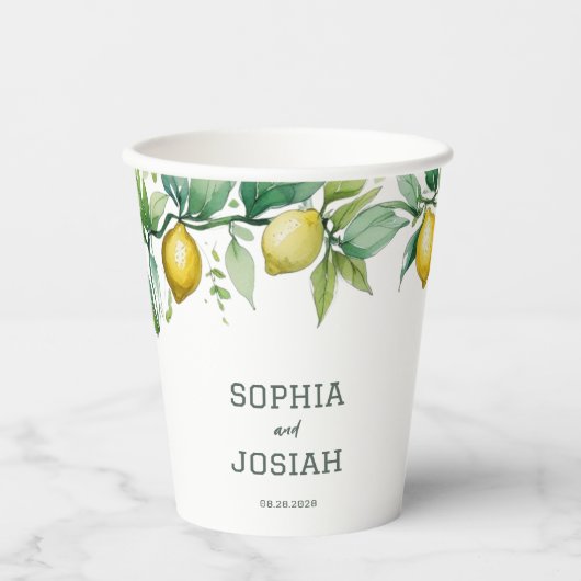 Elegante florale geel limoen wit blauw bruiloft papieren bekers (Voorkant)