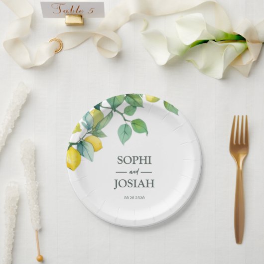 Elegante florale geel limoen wit blauw bruiloft papieren bordje (Huwelijk)
