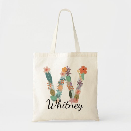 Elegante Florale Monogram Letter W Gepersonaliseer Tote Bag (Voorkant)