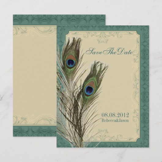 elegante  florale pauw Sparen de datum Aankondigingskaart (Voorkant / Achterkant)